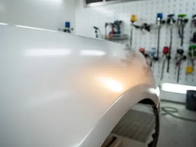 Kiiltävä helmiäisvalkoinen auton koripaneeli ammattimaisen automaalauskorjaamon kirkkaassa valaistuksessa.